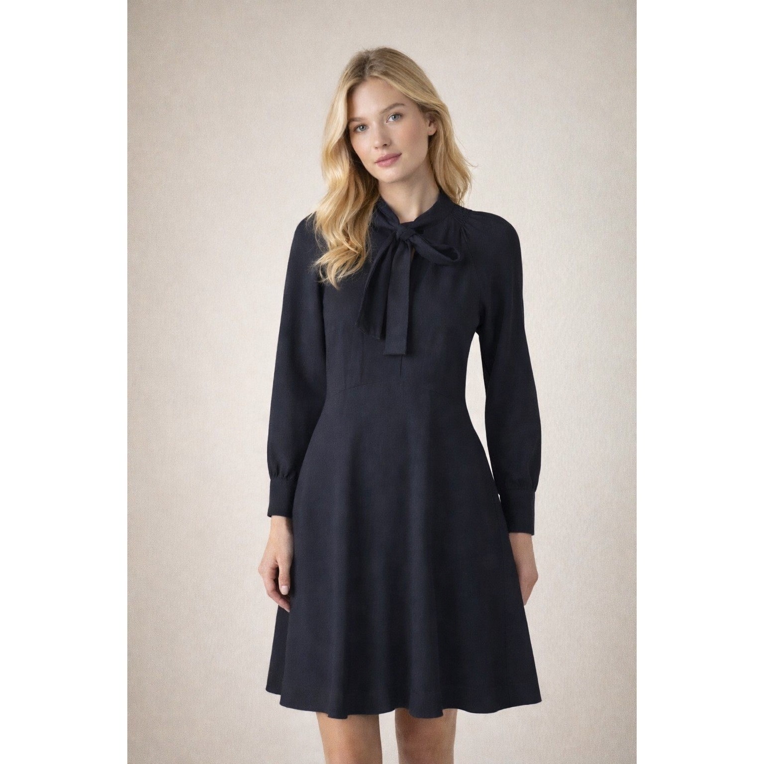 See By Chloe Black Bow Tie Neck Smocked Mini Dress Long Sleeve Size 38